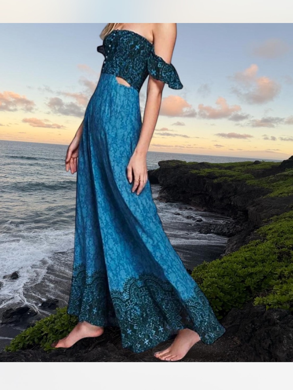 Free People XS Bali Blue Off-Shoulder Cutout Maxi Dress/pantsuit/jumpsuit/romper